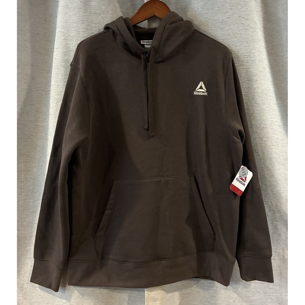Reebok Hoodie Mens L Logo Fleece Pullover Sweatshirt Brown Kangaroo Pocket NEW